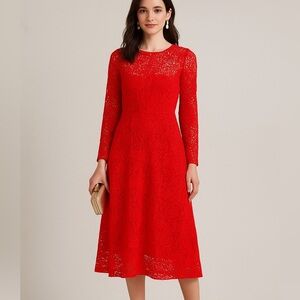 Reiss Red Lace Long Sleeve Fit & Flare Dress – Size 0 (UK 4 / EU 32